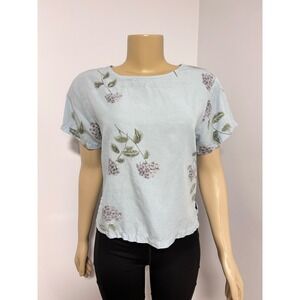Amanda Gray Women Blue Linen Blend Floral Hydrangea Short Sleeve Blouse Size M